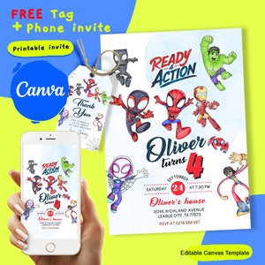 May include: Printable invitation for a superhero themed birthday party. The invitation features a colorful illustration of Spiderman, Hulk, Iron Man, and other superheroes. The text reads "Ready Action Oliver turns 4".