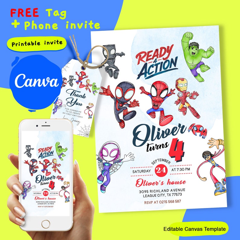 May include: Printable invitation for a superhero themed birthday party. The invitation features a colorful illustration of Spiderman, Hulk, Iron Man, and other superheroes. The text reads "Ready Action Oliver turns 4".