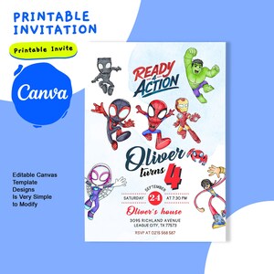 May include: A printable invitation for a superhero-themed birthday party. The invitation features a colorful illustration of various superheroes, including Spider-Man, Iron Man, Hulk, and Black Panther. The text on the invitation reads "Ready for Action" and "Oliver turns 4".