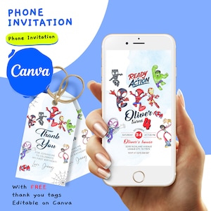 May include: A digital phone screen displaying a superhero-themed birthday invitation for a boy named Oliver turning 4. The invitation features a watercolor background with cartoon superheroes like Spiderman, Iron Man, and Hulk. The text reads "Ready for Action Oliver turns 4" with details about the party date, time, and location.