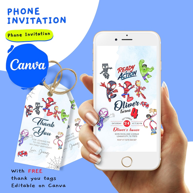 May include: A digital phone screen displaying a superhero-themed birthday invitation for a boy named Oliver turning 4. The invitation features a watercolor background with cartoon superheroes like Spiderman, Iron Man, and Hulk. The text reads "Ready for Action Oliver turns 4" with details about the party date, time, and location.