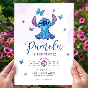 Modèle d'invitation d'anniversaire et d'étiquette de cadeau modifiables Stitch et invitation pour mobile, modifiable sur l'éditeur en ligne Canva