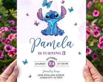 May include: A blue Stitch character from the Disney movie Lilo & Stitch is sitting on a purple watercolor background with butterflies. The text "Pamela is turning 3" is written in purple and blue. The invitation includes the date, time, and location of the party.