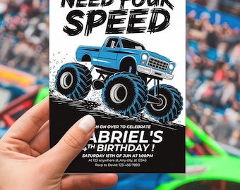 Invito MODIFICABILE per il 4° compleanno di Monster Truck, Necessario invito a quattro velocità, Download digitale di compleanno, Modello di invito, Download immediato