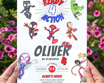 Ready four action invitation, superhero 4th birthday invitation with FREE Thank You Tags & Phone Invitation Customizable Canva Template
