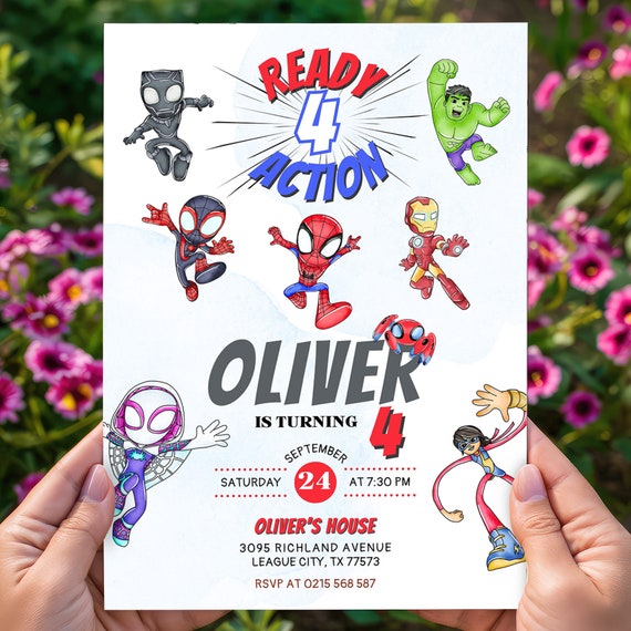 Ready four action invitation, superhero 4th birthday invitation with FREE Thank You Tags & Phone Invitation Customizable Canva Template