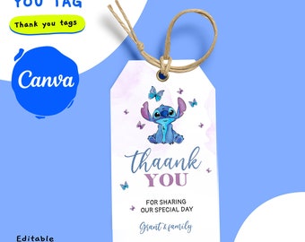 Editable Stitch Birthday Favor Thank You tags Template and Tag Template, Editable on Canva Online Editor