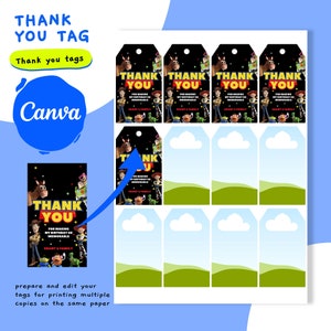 May include: Printable thank you tags featuring characters from the Toy Story movie franchise. The tags are black with a white border and feature the text "Thank You" in yellow. The tags are designed for a birthday party and include the text "For making my birthday so memorable".