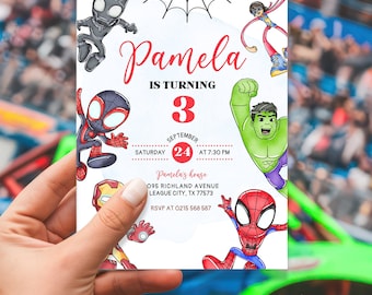 May include: A birthday invitation featuring a white background with a spider web design. The invitation is decorated with cartoon images of superheroes, including Spiderman, Hulk, Iron Man, and Black Panther. The text on the invitation reads "Pamela is turning 3, September 24 at 7:30 PM, Pamela's house, 095 Richland Avenue, League City, TX 77573, RSVP at 0215 568 587".