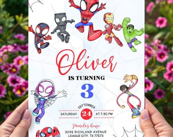 Spidey and his amazing friends birthday invitation with FREE Spidey Thank You Tags & Spidey Phone Invitation Customizable Canva Template