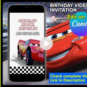 Editable Cars Birthday Video Invitation, Race Car Birthday Invite, Cars Party Video Invite, Canva Digital Invitation Template image 3