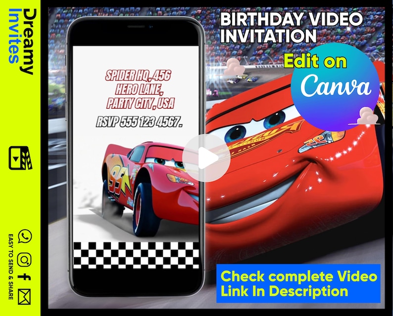 Editable Cars Birthday Video Invitation, Race Car Birthday Invite, Cars Party Video Invite, Canva Digital Invitation Template image 3