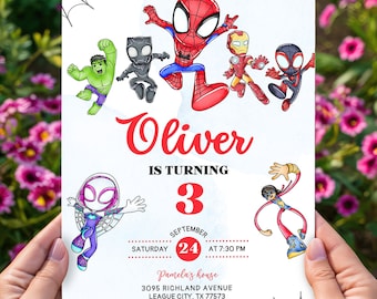 Spidey and his amazing friends birthday invitation with FREE Spidey Thank You Tags & Spidey Phone Invitation Customizable Canva Template