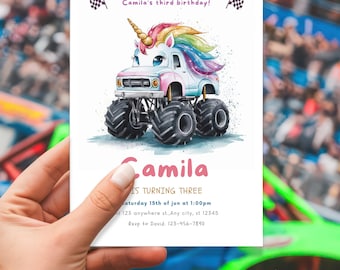 EDITABLE Unicorn Monster Trucks Birthday Party Invitation, Monster Jam, Girl Sparkle Smash Birthday Invitation Template, Instant Download