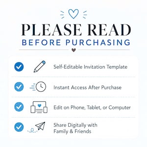 May include: A white informational graphic with the text PLEASE READ BEFORE PURCHASING. It features four blue checkmark icons next to icons of a pencil, a clock, a computer device, and a paper airplane, listing features for a self-editable invitation template.