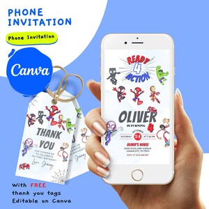 May include: A digital phone invitation for a superhero themed 4th birthday party. The invitation features a watercolour background with cartoon superheroes, including Spiderman, Iron Man, Hulk, and Black Panther. The text reads "Ready 4 Action" and "Oliver is turning 4". The invitation includes the date, time, and location of the party.
