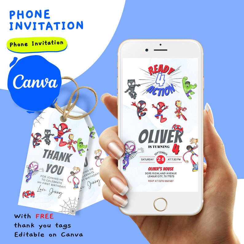 May include: A digital phone invitation for a superhero themed 4th birthday party. The invitation features a watercolour background with cartoon superheroes, including Spiderman, Iron Man, Hulk, and Black Panther. The text reads "Ready 4 Action" and "Oliver is turning 4". The invitation includes the date, time, and location of the party.