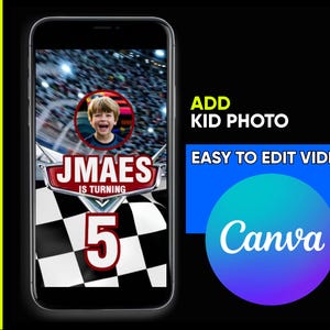 Editable Cars Birthday Video Invitation, Race Car Birthday Invite, Cars Party Video Invite, Canva Digital Invitation Template image 2