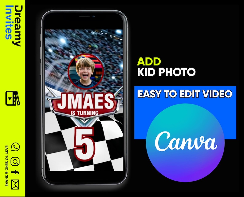 Editable Cars Birthday Video Invitation, Race Car Birthday Invite, Cars Party Video Invite, Canva Digital Invitation Template image 2