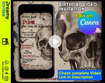 May include: A smartphone displaying a digital Halloween party invitation with a skull illustration, spider web, and text reading We're just Dying for you to join us, its Halloween Party hosted by Patrick & Marijn, Saturday October 17th 8:00 PM.