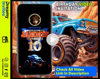 May include: A birthday video invitation featuring a monster truck with a blue body and large tires. The video is for a boy named Jammie who is turning 10. The video is set against a desert background with a play button in the corner.