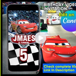May include: A smartphone displaying a digital birthday video invitation featuring the red race car character Lightning McQueen. The screen shows the text JMAES IS TURNING 5 over a checkered flag pattern. The graphic includes BIRTHDAY VIDEO INVITATION.