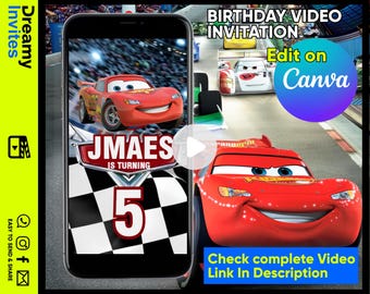 Invitación de cumpleaños en video editable con temática de autos, invitación de cumpleaños con autos de carreras, invitación de video para fiesta de autos, plantilla de invitación digital de Canva