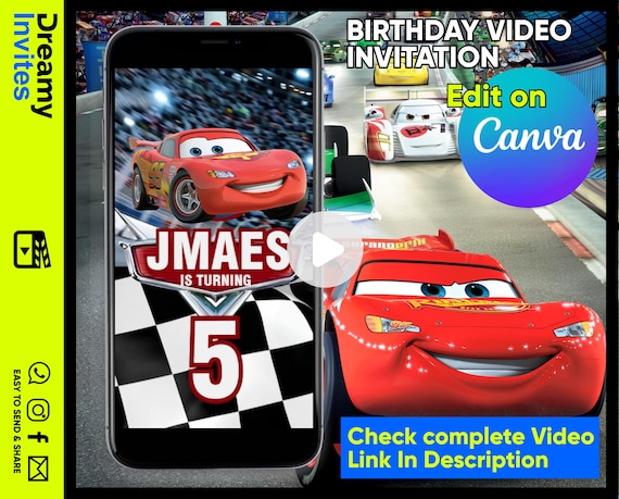 Editable Cars Birthday Video Invitation, Race Car Birthday Invite, Cars Party Video Invite, Canva Digital Invitation Template