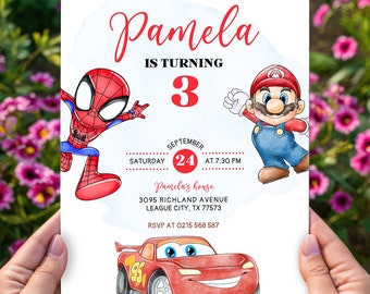 May include: A birthday invitation featuring illustrations of Spider-Man, Mario, and Lightning McQueen. The invitation reads "Pamela is turning 3" with the date and time of the party. The invitation is held by a person.