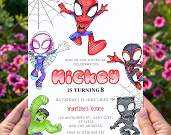 Spidey and his amazing friends birthday invitation with FREE Spidey Thank You Tags & Spidey Phone Invitation Customizable Canva Template