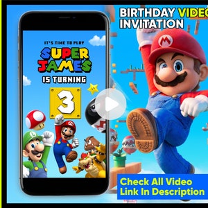 Super Mario Geburtstagseinladung, Super Mario Video-Einladung, Mario Bros Kids Video Party-Einladung, Mario personalisierte digitale evite