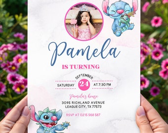 May include: A pink and blue birthday invitation with a watercolor background. The invitation features a cartoon Stitch character and a photo of a young girl in a pink dress. The text on the invitation reads "Pamela is turning 24, September 24th at 7:30 PM, Pamela's house, 3095 Richland Avenue, League City, TX 77573, RSVP at 0215 568 587".