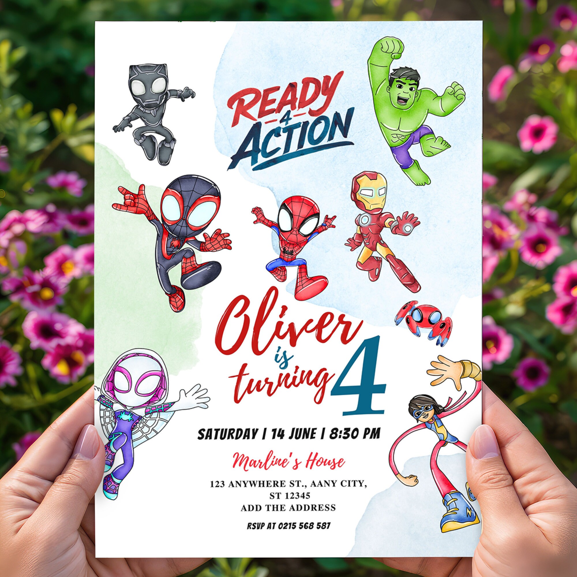 Invitación lista para cuatro acciones, invitación al cuarto cumpleaños de  un superhéroe con etiquetas de agradecimiento e invitación telefónica  GRATIS Plantilla de Canva personalizable - Etsy México, image size:2000x2000