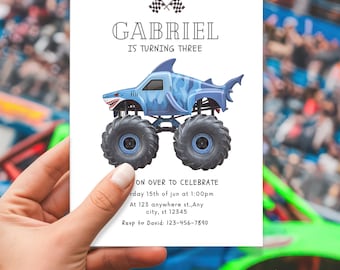EDITABLE Monster Trucks Birthday Invitation, Shark Monster truck, Megalodon Monster Jam Boys Birthday, Invitation Template, Instant Download