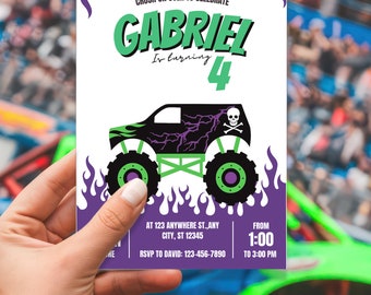 May include: A birthday party invitation featuring a monster truck design. The invitation has a white background with purple flames and text that reads "CRUSH ON OVER TO CELEBRATE GABRIEL Is turning 4". The monster truck is black and green.