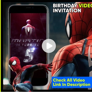 Puede incluir: Una invitación de video para una fiesta de cumpleaños con un personaje de Spiderman. El video se muestra en la pantalla de un teléfono inteligente con el texto "Martin cumple 5 años". La invitación incluye el texto "Ver todos los enlaces de video en la descripción".