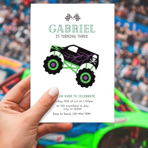 May include: A green and black monster truck birthday party invitation with a skull and crossbones design. The invitation says "Gabriel is turning three" and includes details for the party, including the date, time, and RSVP information.