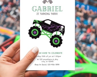 May include: A green and black monster truck birthday party invitation with a skull and crossbones design. The invitation says "Gabriel is turning three" and includes details for the party, including the date, time, and RSVP information.
