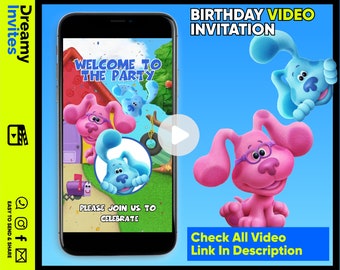 May include: A blue and pink cartoon dog with glasses on a smartphone screen. The screen says "Welcome to the party" and "Please join us to celebrate". The text "Birthday Video Invitation" is at the top of the image. The text "Check All Video Link In Description" is at the bottom of the image.