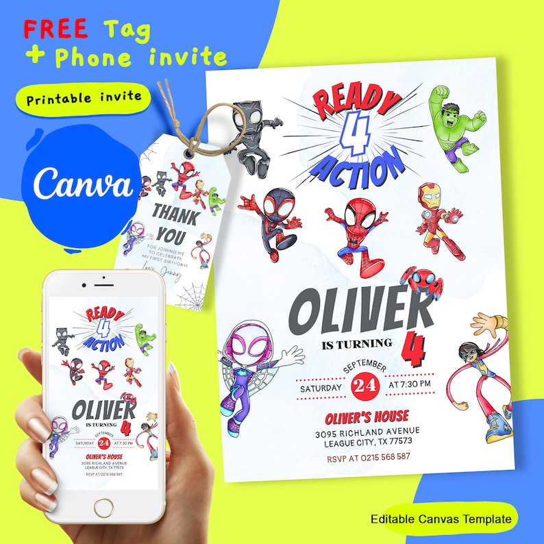 May include: A printable invitation for a superhero-themed birthday party. The invitation features a cartoon image of Spider-Man, Iron Man, Hulk, and other superheroes. The text on the invitation reads "Ready 4 Action" and "Oliver is turning 4". The invitation also includes the date, time, and location of the party.