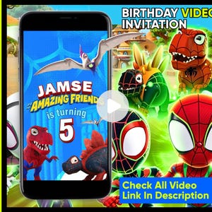 Puede incluir: Una invitación a vídeo de cumpleaños con un dinosaurio de dibujos animados y Spiderman. La invitación dice "Jamse and his Amazing Friends is turning 5".