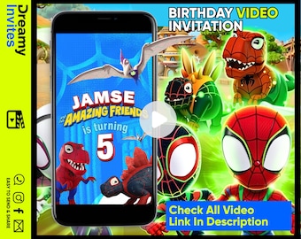 May include: A birthday video invitation featuring a cartoon dinosaur and Spiderman. The invitation says "Jamse and his Amazing Friends is turning 5".