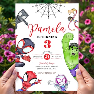 Spidey and his amazing friends birthday invitation with FREE Spidey Thank You Tags & Spidey Phone Invitation Customizable Canva Template