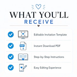 May include: A digital information graphic titled WHAT YOU'LL RECEIVE with a blue heart icon. It lists four items with blue checkmarks: Editable Invitation Template, Instant Download PDF, Step-by-Step Instructions, and Easy Editing Experience.