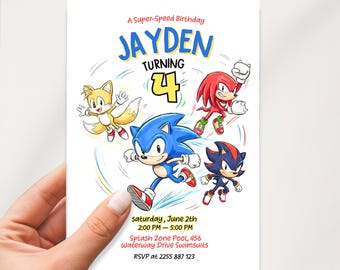 Invitación de cumpleaños de Sonic the Hedgehog, invitación para fiesta de Sonic, plantilla de Canva para invitación de cumpleaños de Sonic