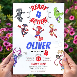 以下が含まれることがあります： スパイダーマン、ハルク、アイアンマン、ブラックパンサーなど、さまざまなスーパーヒーローの漫画イラストが描かれた誕生日招待状。オリバーという名前の男の子が4歳になるための招待状です。招待状には、パーティーの日時と場所が記載されています。招待状のテキストは、「Ready 4 Action、オリバーは4歳になります、9月24日、土曜日午後7時30分、オリバーの家、3095 Richland Avenue、League City、TX 77573、RSVPは0215 568 587まで。」です。