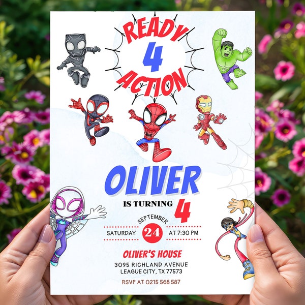 Ready four action invitation, superhero 4th birthday invitation with FREE Thank You Tags & unforgettable Invitation Canva Template