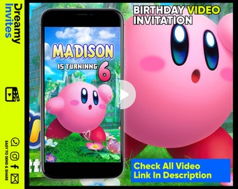 May include: A pink and blue video invitation for a birthday party. The invitation features a cartoon character from the video game Kirby. The text on the invitation reads "MADISON IS TURNING 6" and "BIRTHDAY VIDEO INVITATION".
