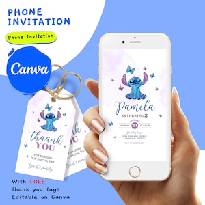 Editable Phone Stitch Birthday Invitation Digital Template and Favor Tag Template, Editable on Canva Online Editor