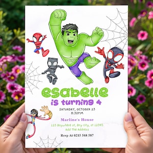 Hulk & Spidey and his amazing friends birthday invitation with FREE Hulk Thank You Tags  Spidey Phone Invitation Customizable Canva Template